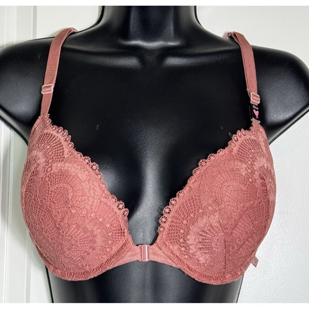 Victoria's Secret Pink Lace Push Up Bra 32DD Rose Gold Strappy Back